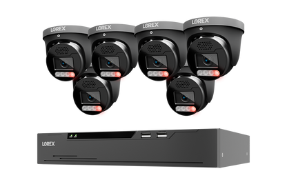 A 6-camera turret security camera system with a black NVR receiver, branded LOREX, shown on a plain white background.