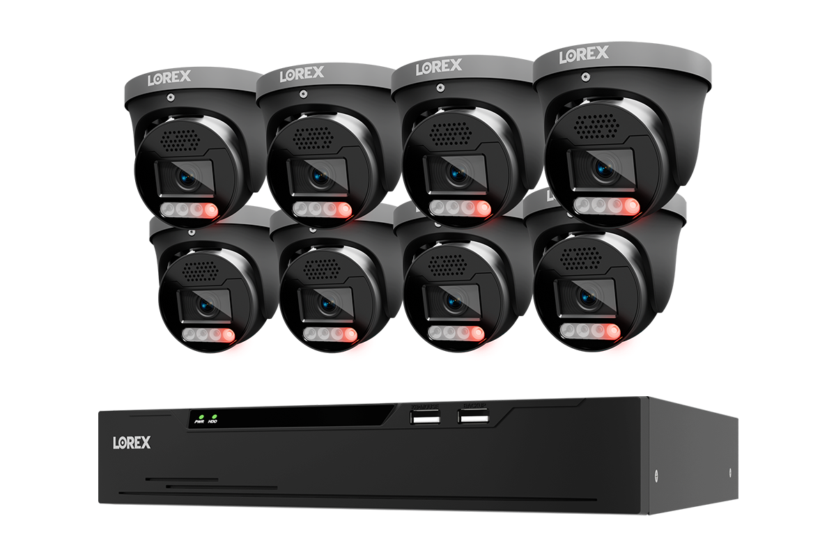 Lorex 8-camera turret security camera system with a black NVR recorder, shown on a plain white background.