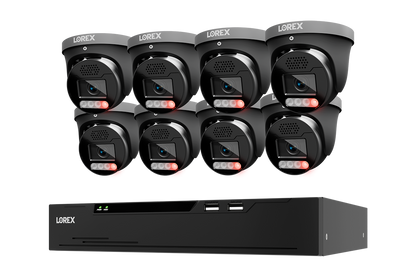 Lorex 8-camera turret security camera system with a black NVR recorder, shown on a plain white background.
