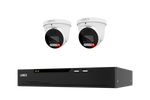 Lorex security camera kit featuring two white turret cameras with black lenses and red indicator lights, shown above a black NVR recorder on a plain white background.
