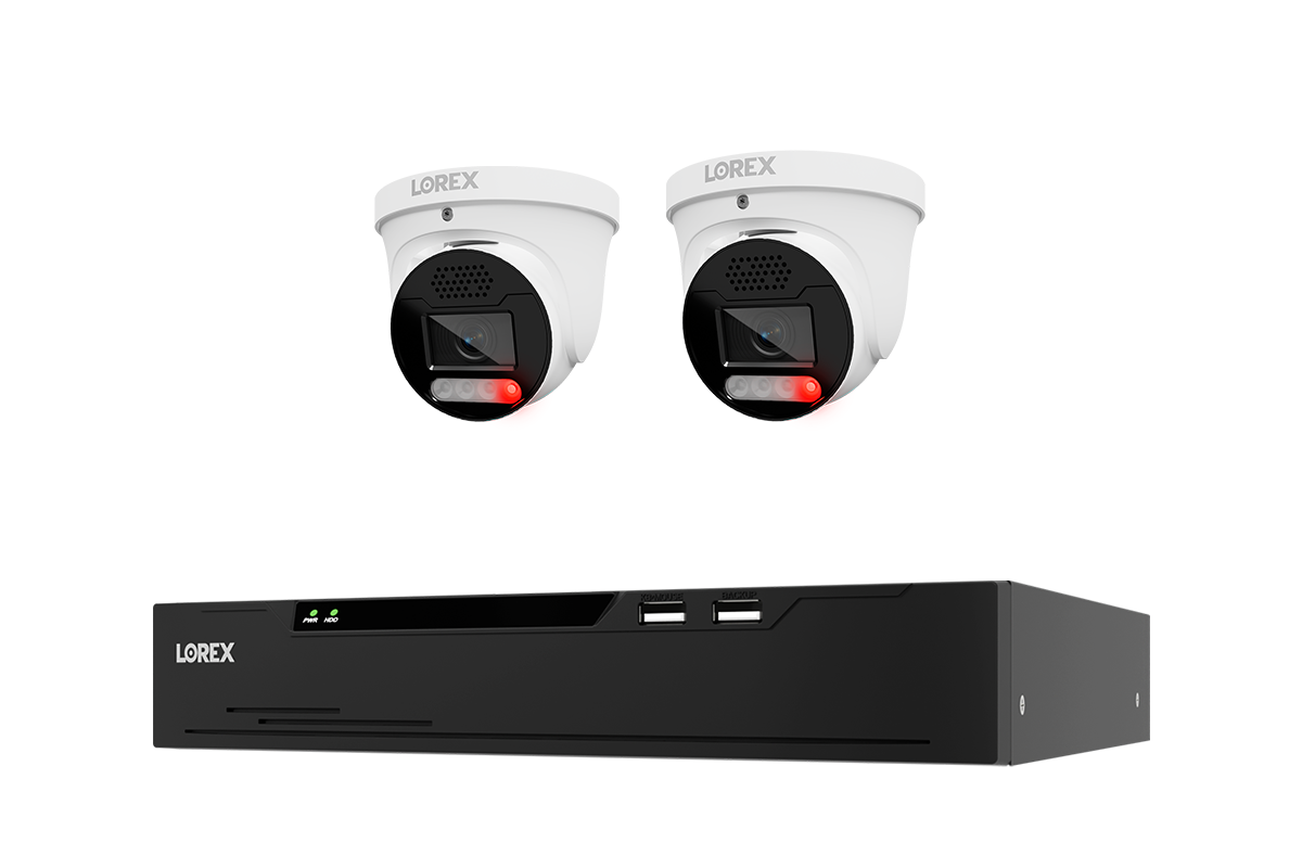 Lorex security camera kit featuring two white turret cameras with black lenses and red indicator lights, shown above a black NVR recorder on a plain white background.