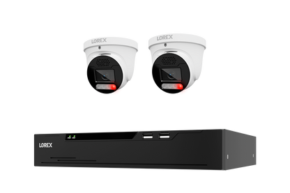Lorex security camera kit featuring two white turret cameras with black lenses and red indicator lights, shown above a black NVR recorder on a plain white background.