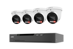 A set of four white turret security cameras with black lenses and red indicator lights, shown above a black LOREX NVR recorder on a plain white background.