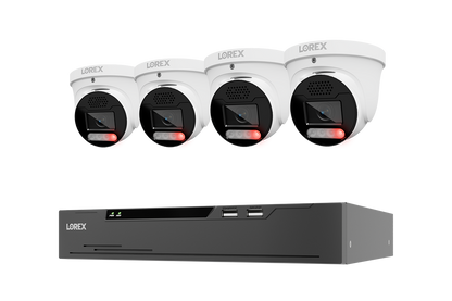 A set of four white turret security cameras with black lenses and red indicator lights, shown above a black LOREX NVR recorder on a plain white background.