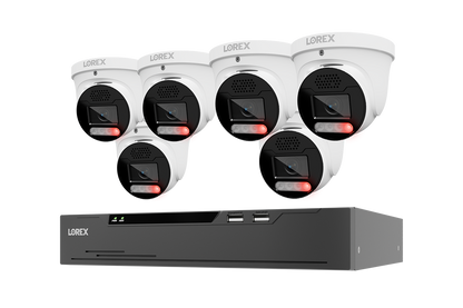 A Lorex 5-camera outdoor security camera kit with a black NVR receiver and five white turret cameras, shown against a solid white background.