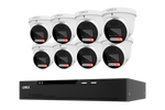 A 8-camera turret security IP camera system with a black NVR receiver box, shown on a solid white background.