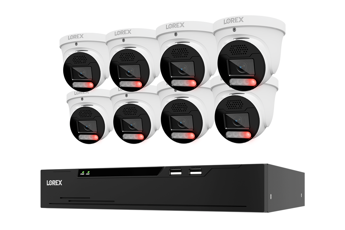 A 8-camera turret security IP camera system with a black NVR receiver box, shown on a solid white background.