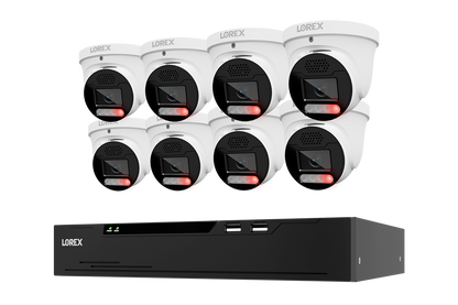 A 8-camera turret security IP camera system with a black NVR receiver box, shown on a solid white background.