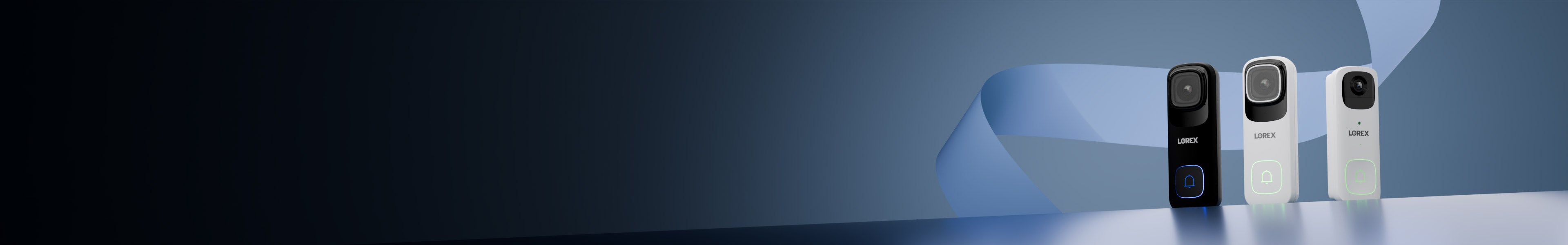 Three Lorex video doorbell cameras in black, white, and grey displayed on a blue gradient background with illuminated bell icons