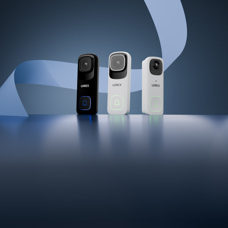Three Lorex video doorbell cameras in black, white, and grey displayed on a blue gradient background with illuminated bell icons