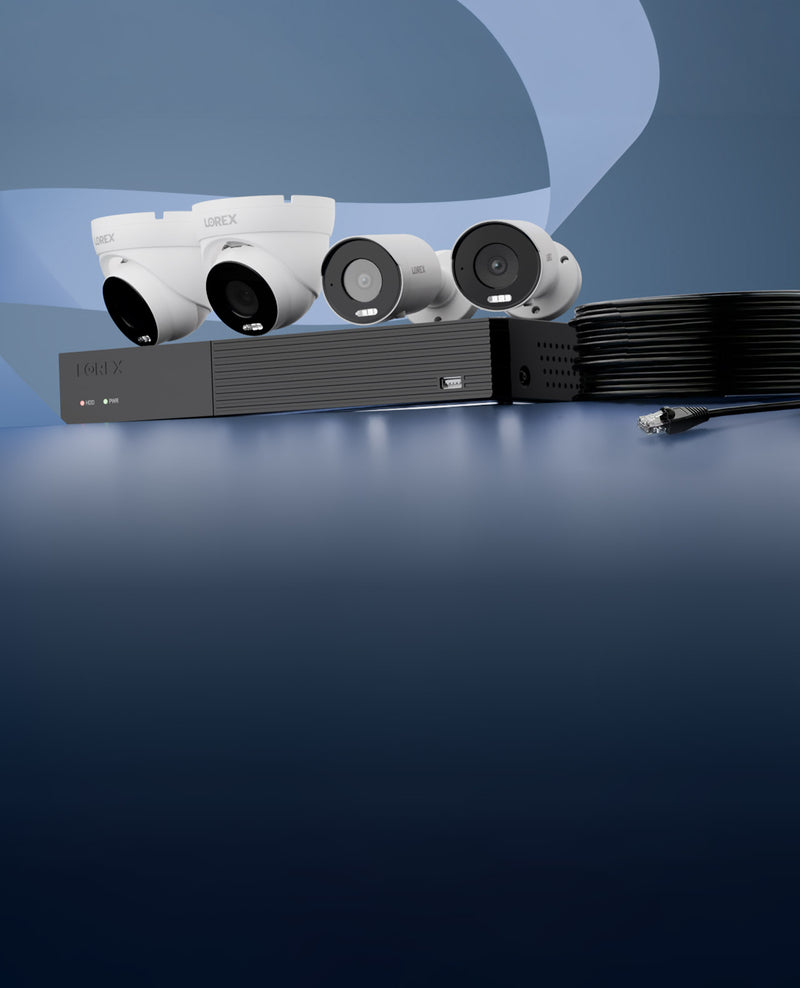 Lorex IP security camera system with NVR, turret and bullet cameras, coiled Ethernet cable and connector on a blue background