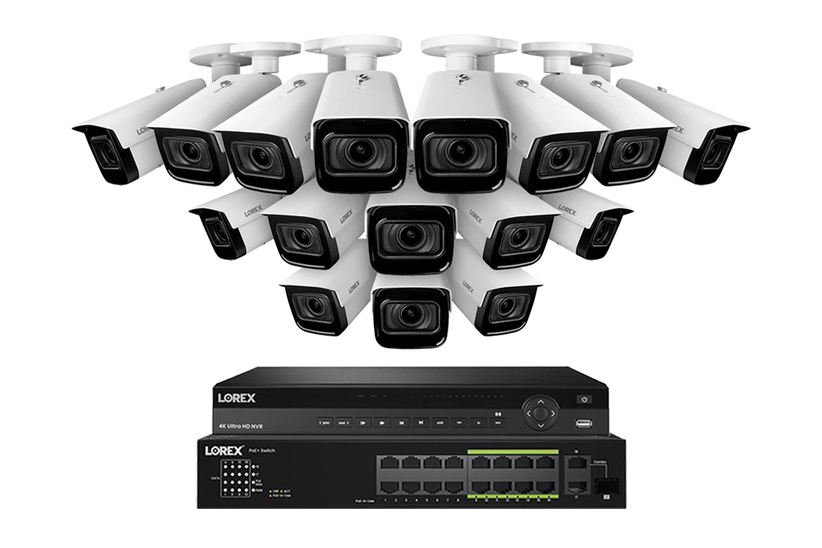 Lorex 4K (32 Camera Capable) Wired NVR System with Nocturnal 3 16 White Smart IP Bullet Cameras Featuring Motorized Varifocal Lens and 30FPS Recording