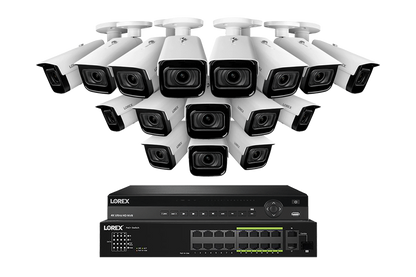 Lorex 4K (32 Camera Capable) Wired NVR System with Nocturnal 3 16 White Smart IP Bullet Cameras Featuring Motorized Varifocal Lens and 30FPS Recording