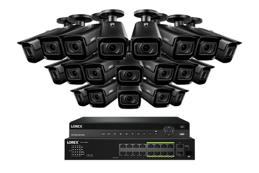 Lorex 4K (32 Camera Capable) Wired NVR System with Nocturnal 3 20 Black Smart IP Bullet Cameras Featuring Motorized Varifocal Lens and 30FPS Recording
