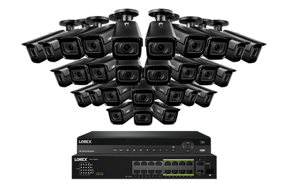 Lorex 4K (32 Camera Capable) Wired NVR System with Nocturnal 3 28 Black Smart IP Bullet Cameras Featuring Motorized Varifocal Lens and 30FPS Recording