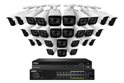 Lorex 4K (32 Camera Capable) Wired NVR System with Nocturnal 3 28 White Smart IP Bullet Cameras Featuring Motorized Varifocal Lens and 30FPS Recording