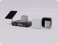 Lorex security camera accessories including solar panel, PoE switch, Ethernet cable, junction box and hard drive on a light purple background