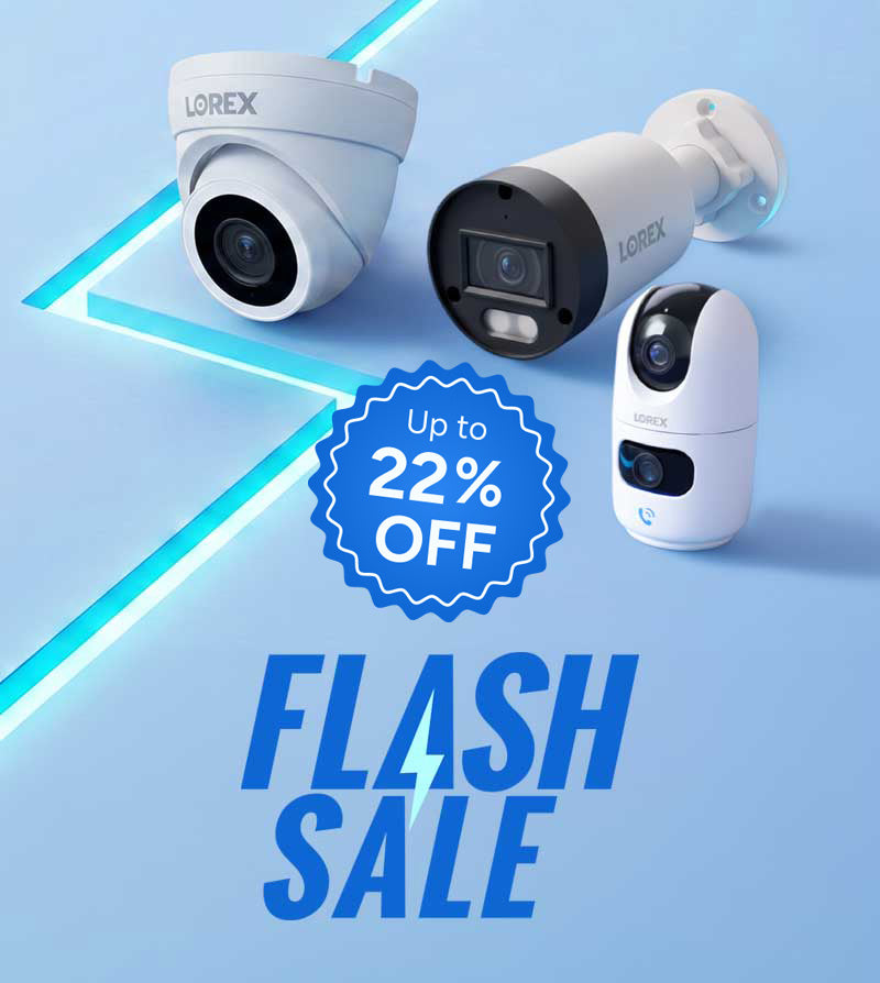 Lorex bullet, turret and indoor dual-lens Wi-Fi security cameras on a blue Flash Sale banner with up to 59% off promotion