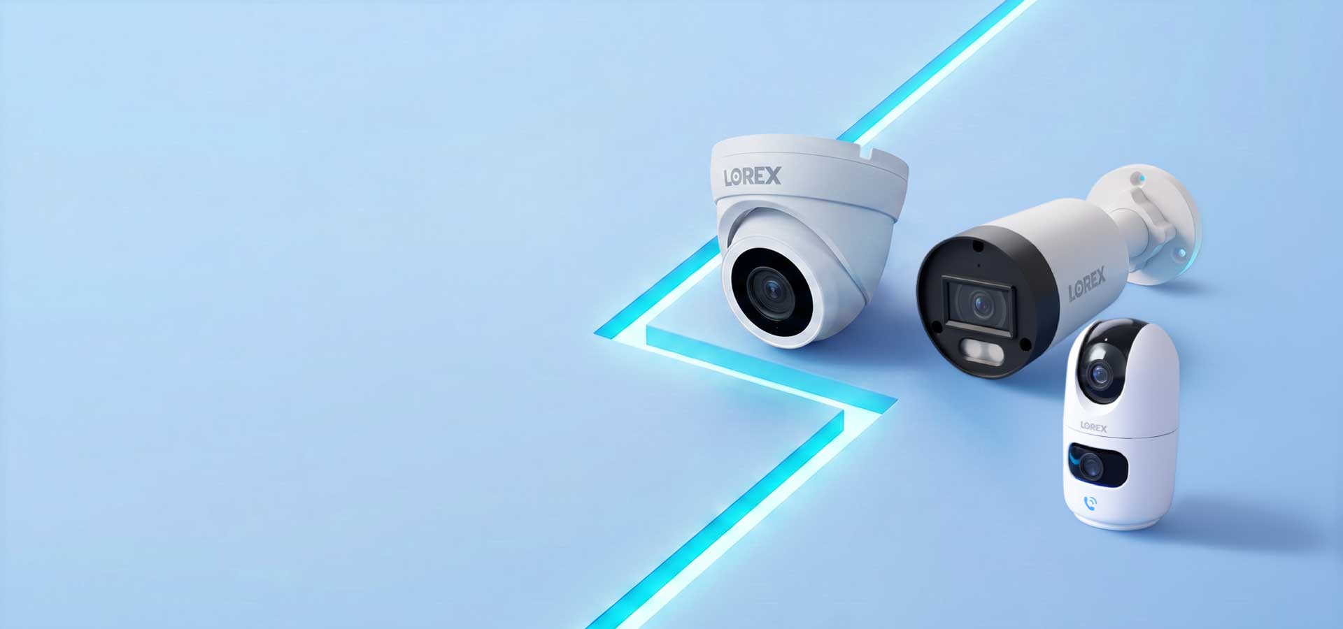 Lorex bullet, turret and indoor dual-lens Wi-Fi security cameras on a blue Flash Sale banner with up to 59% off promotion
