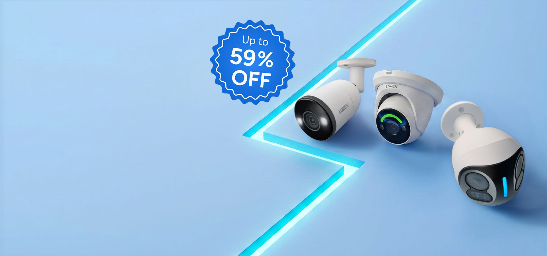 Lorex bullet, turret and outdoor security cameras displayed on a blue background for a Flash Sale with up to 59% off