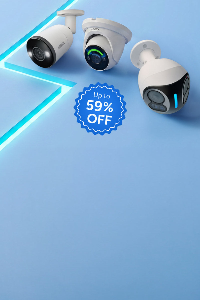 Lorex bullet, turret and outdoor security cameras displayed on a blue background for a Flash Sale with up to 59% off