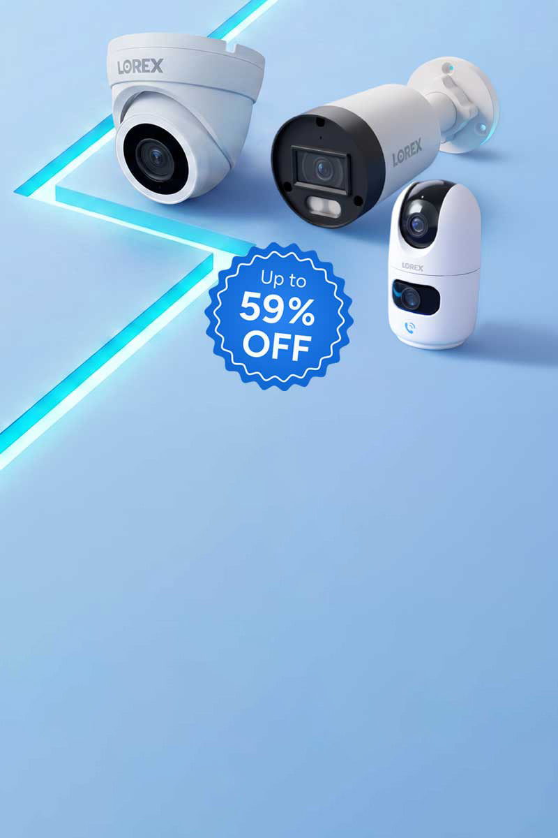 Lorex bullet, turret and indoor dual-lens Wi-Fi security cameras on a blue Flash Sale banner with up to 59% off promotion