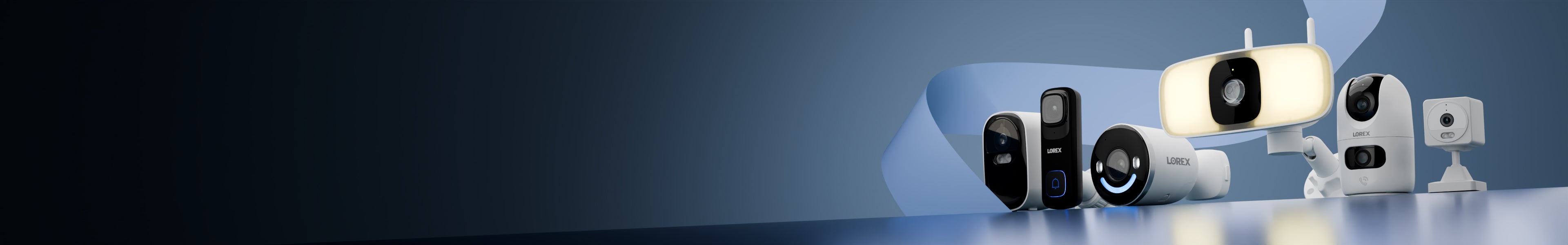 Lorex wireless security cameras including video doorbell, floodlight camera, indoor Wi-Fi camera, and outdoor camera on a blue background