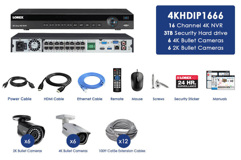 4K Ultra HD IP NVR system with 6 Outdoor 4K 8MP IP Cameras and 6 IP 2K 4MP Cameras, 150FT Color Night Vision