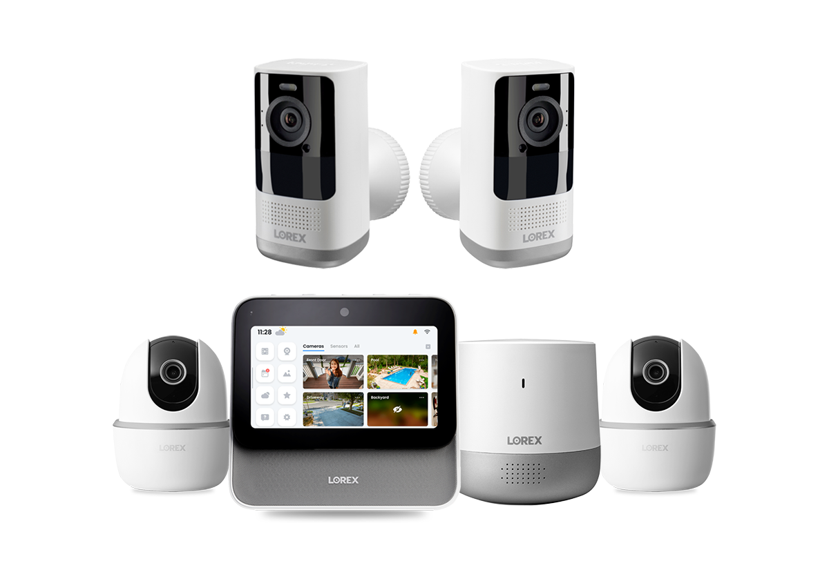 Lorex Smart Home Security Center with 2K Wire-Free Cameras, Two 2K Pan-Tilt Indoor Wi-Fi Security Cameras and Range Extender
