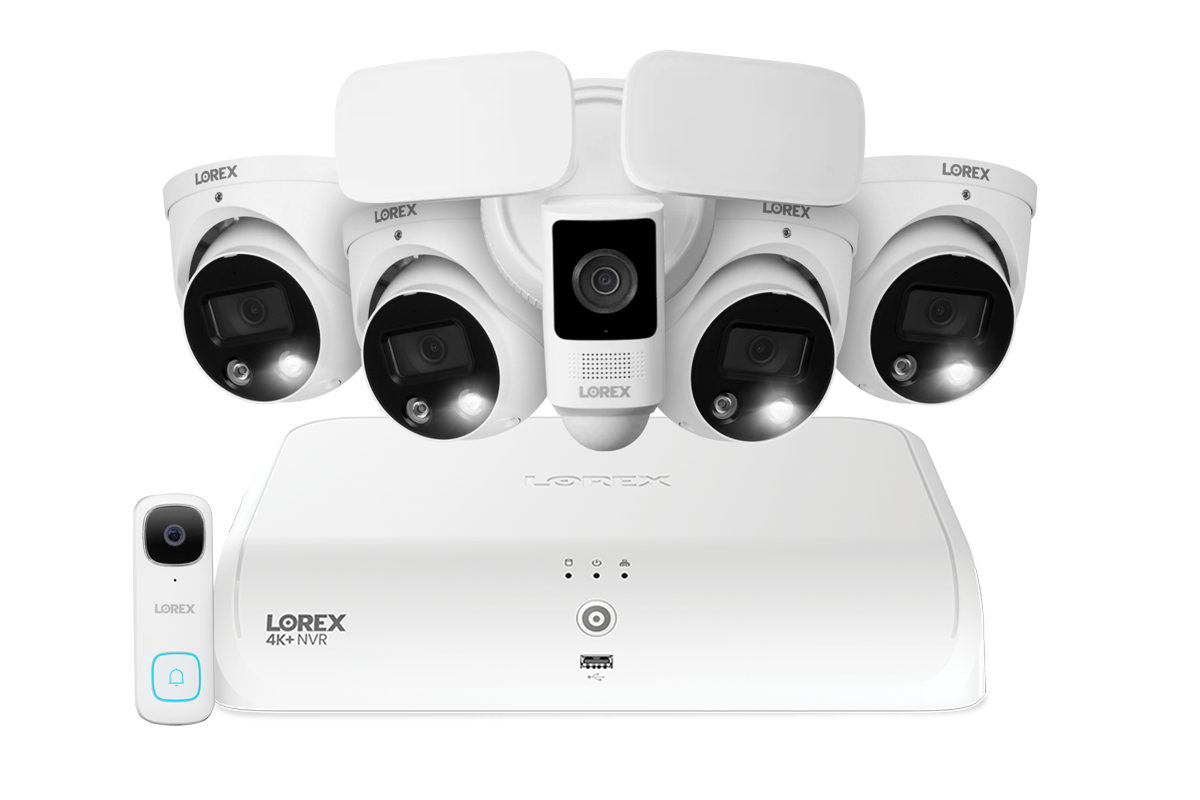 Lorex Fusion 4K 16 Camera Capable (8 Wired + 8 Fusion Wi-Fi) 2TB NVR System with Four H13 IP Dome Cameras, One 2K Battery Operated Doorbell, and One 2K Floodlight