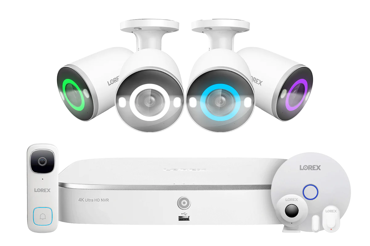 Lorex Fusion 4K 16 Camera Capable (8 Wired + 8 Wi-Fi) 2TB NVR System with 4 Smart Security Lighting Bullet Cameras, One 2K Wired Doorbell and Sensor Kit