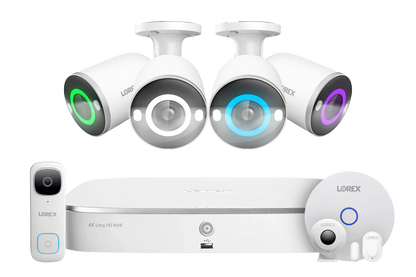 Lorex Fusion 4K 16 Camera Capable (8 Wired + 8 Wi-Fi) 2TB NVR System with 4 Smart Security Lighting Bullet Cameras, One 2K Wired Doorbell and Sensor Kit