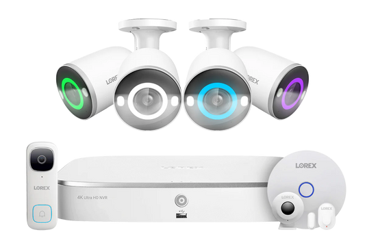 Lorex Fusion 4K 16 Camera Capable (8 Wired + 8 Wi-Fi) 2TB NVR System with 4 Smart Security Lighting Bullet Cameras, One 2K Wired Doorbell and Sensor Kit