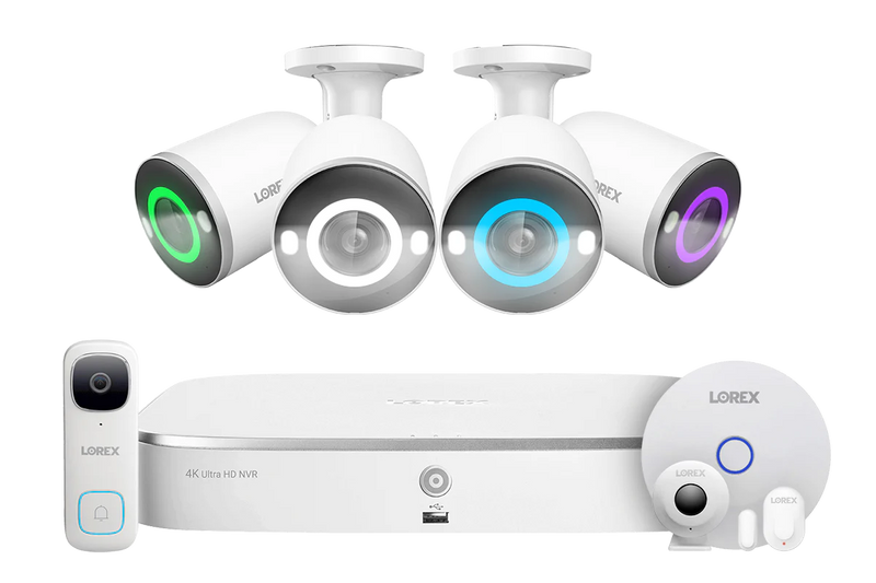 Lorex Fusion 4K 16 Camera Capable (8 Wired + 8 Wi-Fi) 2TB NVR System with 4 Smart Security Lighting Bullet Cameras, One 2K Wired Doorbell and Sensor Kit
