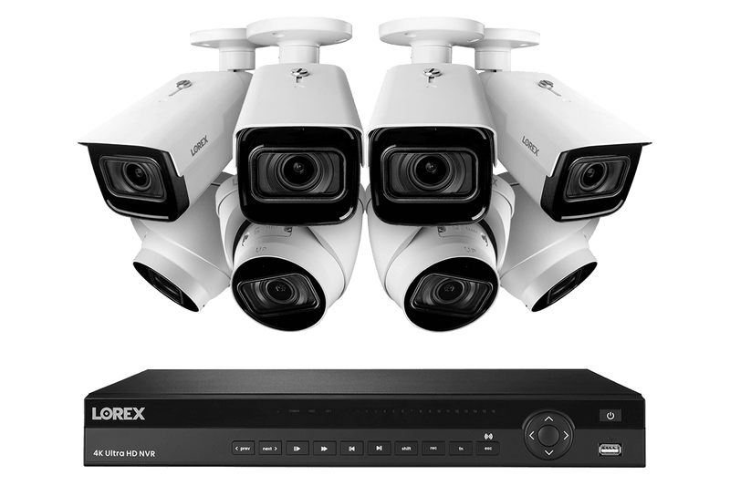 4K Nocturnal IP NVR System with 16-channel NVR, Four Audio Dome and Four Bullet 4K Smart IP Motorized Zoom Security Cameras and Real-Time 30FPS Recording