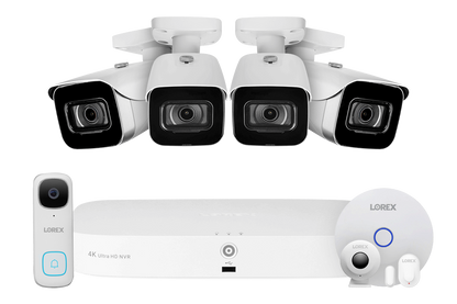 8-Channel NVR Fusion System with Four 4K (8MP) IP Cameras, 2K Wi-Fi Video Doorbell, and Smart Sensor Starter Kit
