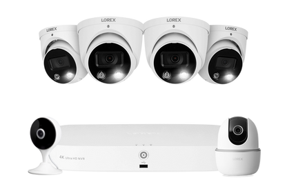 Lorex Fusion 4K 16 Camera Capable (8 Wired + 8 Wi-Fi) 2TB NVR System with 4 Smart Deterrence Dome Cameras, One 2K Pan-Tilt Cmaera, and One 2K Indoor Wi-Fi Camera