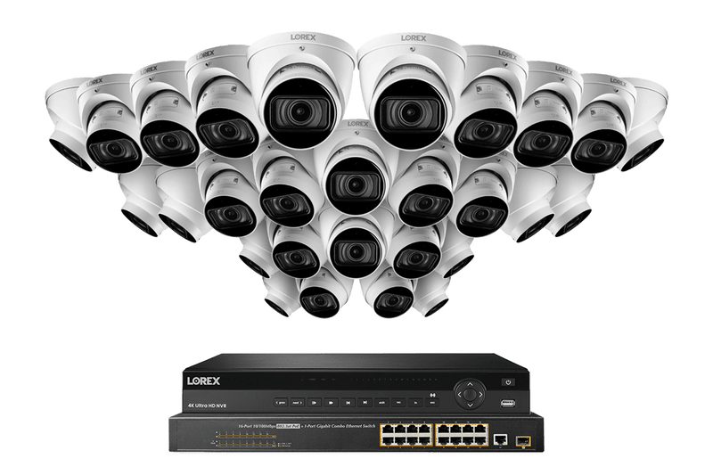 32-Channel Nocturnal NVR System with Twenty-Eight 4K (8MP) Smart IP Optical Zoom White Dome Security Cameras with Real-Time 30FPS Recording and Listen-in Audio