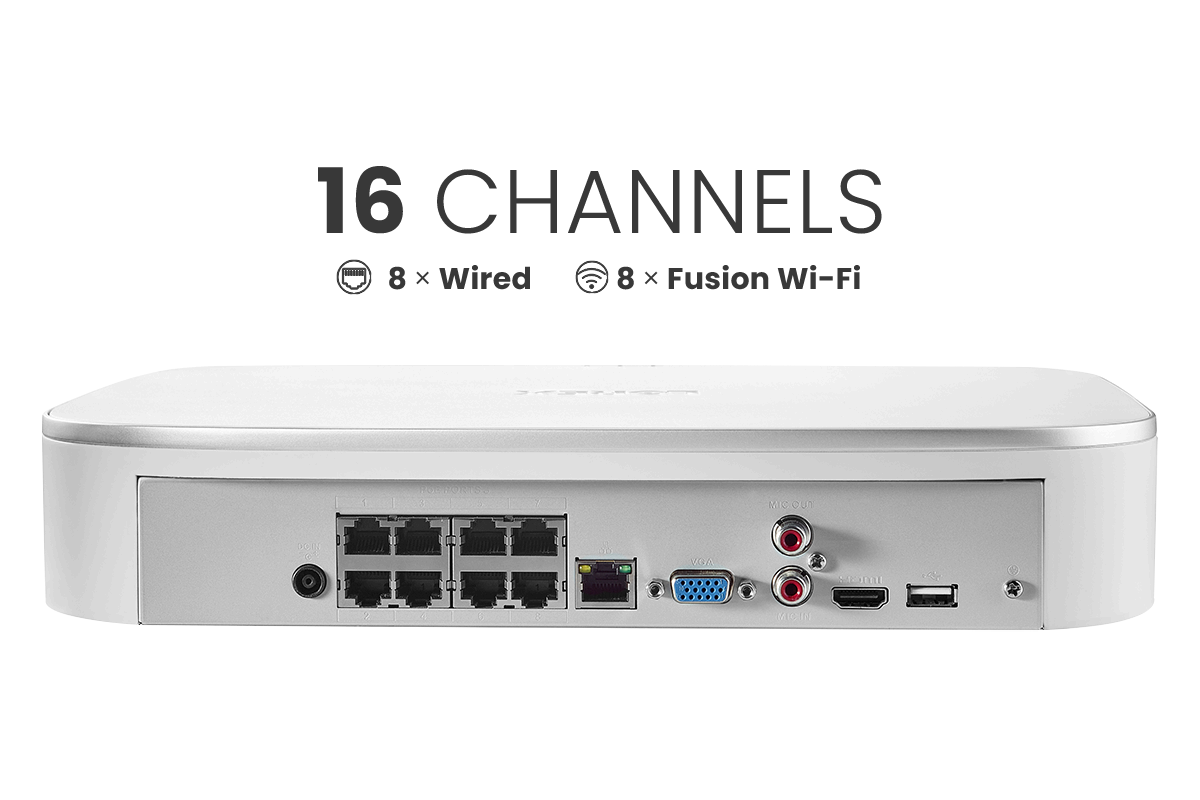 Lorex Fusion 4K 16-Channel (8 Wired + 8 Wi-Fi) 2TB NVR System with Dome Cameras Featuring Smart Deterrence and 2-Way Audio
