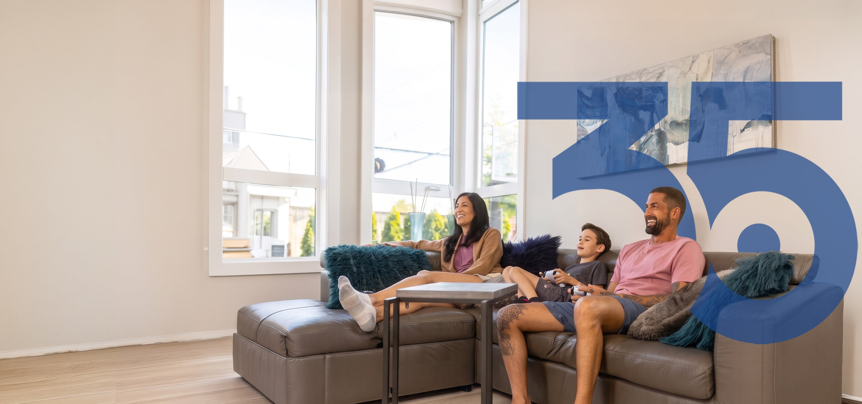 Family relaxing together in a bright living room with a large “35” graphic for Lorex’s 35th Anniversary Sale.