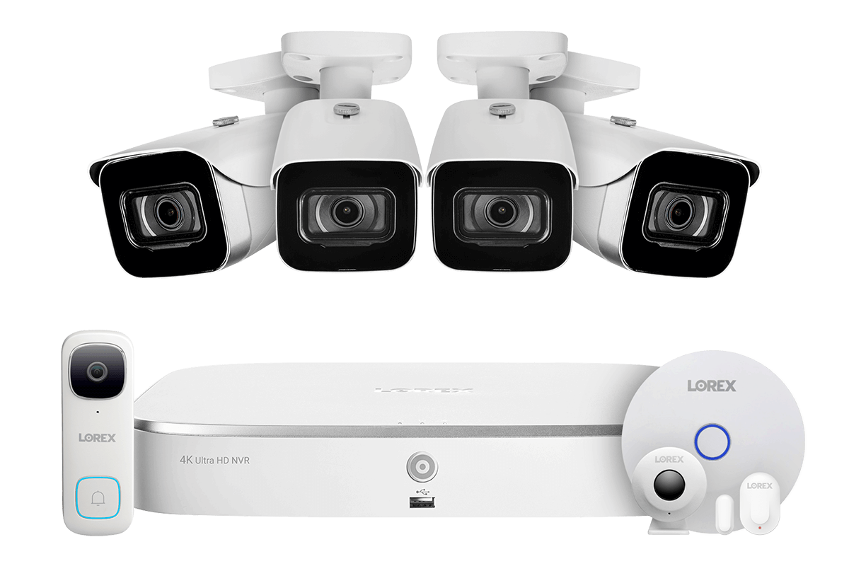 Lorex Fusion 4K 16 Camera Capable (8 Wired + 8 Wi-Fi) 2TB NVR System with 4 IP Bullet Cameras, 2K Wired Doorbell and Sensor Kit