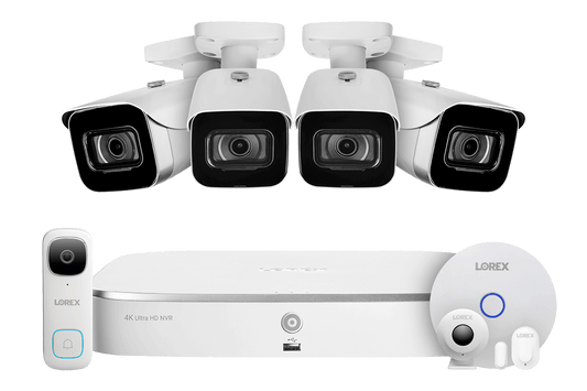 Lorex Fusion 4K 16 Camera Capable (8 Wired + 8 Wi-Fi) 2TB NVR System with 4 IP Bullet Cameras, 2K Wired Doorbell and Sensor Kit