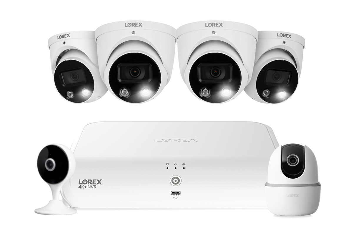 Lorex Fusion 4K 16 Camera Capable (8 Wired + 8 Fusion Wi-Fi) 2TB NVR System with Four H13 IP Dome Cameras, One 2K Pan-Tilt Cmaera, and One 2K Indoor Wi-Fi Camera