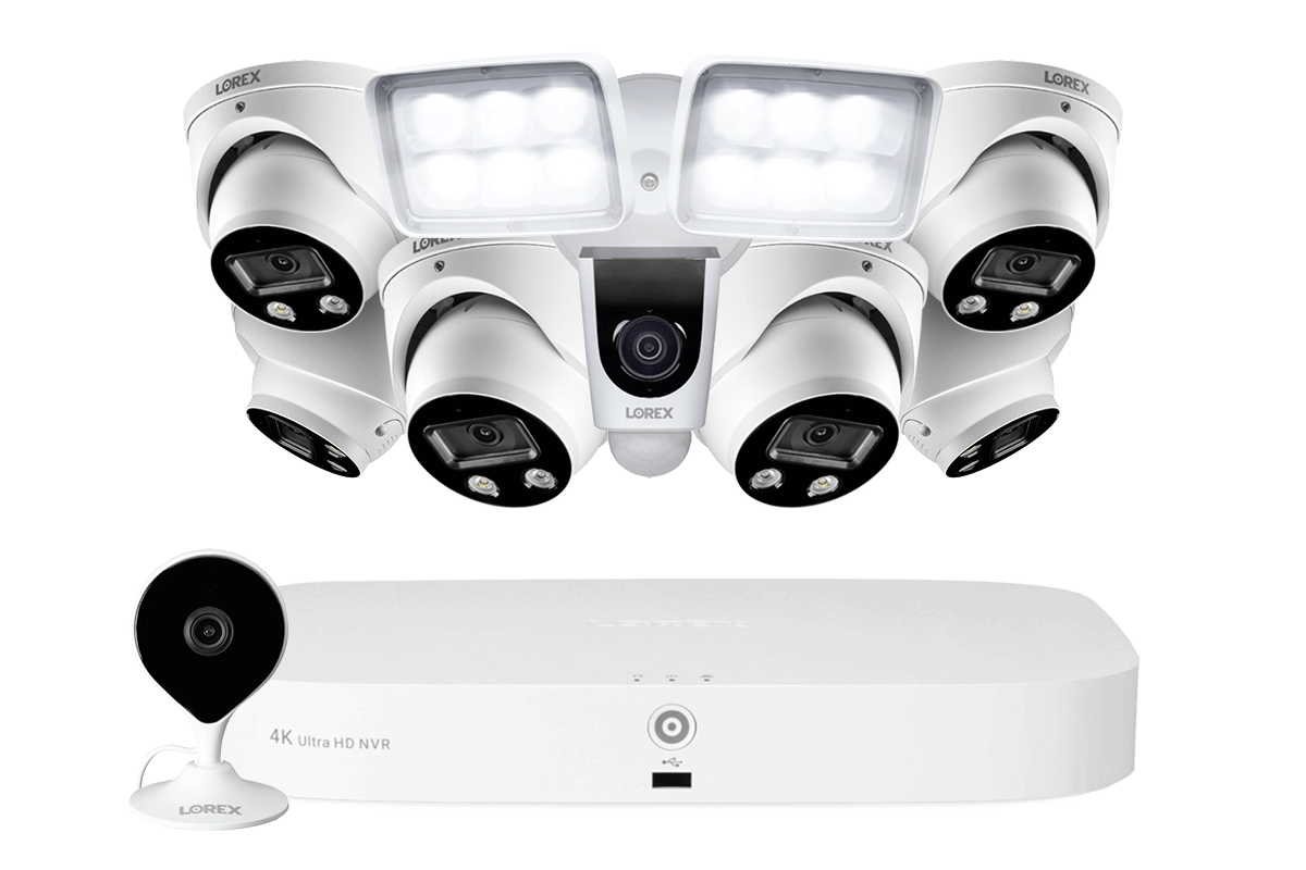 8-Channel NVR Fusion System with Six 4K Smart Deterrence IP Dome Security Cameras, Wi-Fi Floodlight and Indoor Camera
