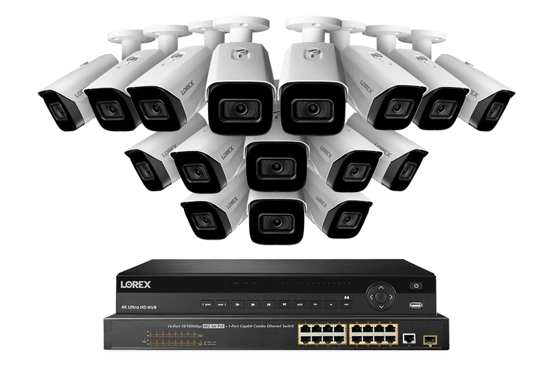 32-Channel Nocturnal NVR System with Sixteen 4K (8MP) Smart IP Security Cameras with Real-Time 30FPS Recording and Listen-in Audio