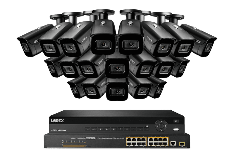 Lorex 4K (32 Camera Capable) 8TB Wired NVR System with Nocturnal 3 20 Black Smart IP Bullet Cameras Featuring Motorized Varifocal Lens and 30FPS Recording