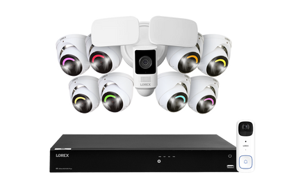 Lorex Fusion 4K (16 Camera Capable) 4TB Wired NVR System with 8 Smart Security Lighting IP Dome Cameras, One 2K Battery-Operated Doorbell, and One 2K Outdoor Floodlight
