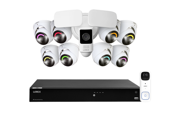 Lorex Fusion 4K (16 Camera Capable) 4TB Wired NVR System with 8 Smart Security Lighting IP Dome Cameras, One 2K Battery-Operated Doorbell, and One 2K Outdoor Floodlight