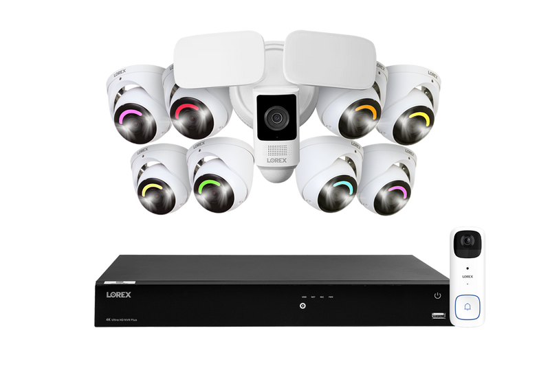 Lorex Fusion 4K (16 Camera Capable) 4TB Wired NVR System with 8 Smart Security Lighting IP Dome Cameras, One 2K Battery-Operated Doorbell, and One 2K Outdoor Floodlight