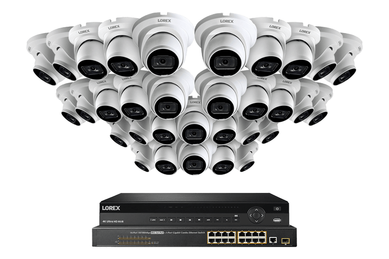 32-Channel Nocturnal NVR System with Thirty-Two 4K (8MP) Smart IP White Dome Security Cameras with Real-Time 30FPS Recording and Listen-in Audio